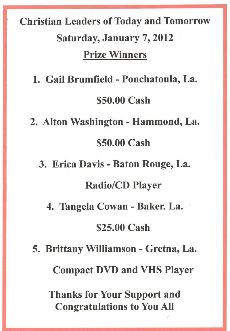 Names of Prize Winners for Jan. 7, 2012 - Program